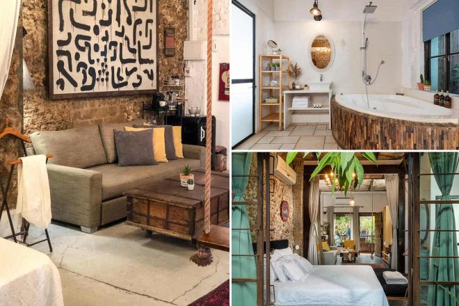 A collage of three photos featuring unique accommodations in Tel Aviv: a living area with rustic charm highlighted by a large, expressive wall art piece, a spa-like bathroom with a round, wood-encased bathtub, and a bedroom that opens to a green, tranquil courtyard.